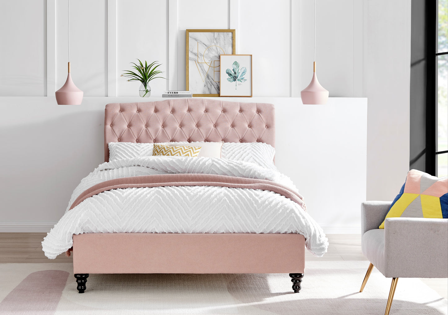 Rosa Bed Frame - Pink Fabric - Multiple Sizes