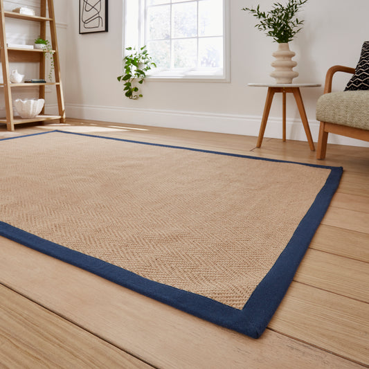Portland Jute Rug - Beige w/ Navy Border