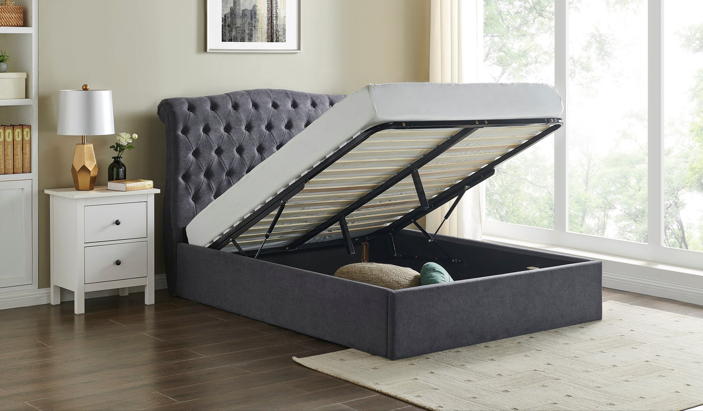Rosa Storage Bed Frame (LB61) - Dark Grey Fabric - Multiple Sizes