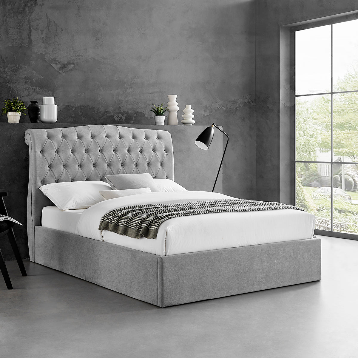 Rosa Storage Bed Frame (LB61) - Light Grey Fabric - Multiple Sizes