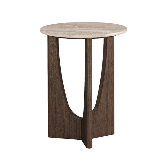 California Round Side Table - Dark Oak w/ Travertine Top