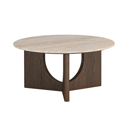 California Round Coffee Table - Dark Oak w/ Travertine Top