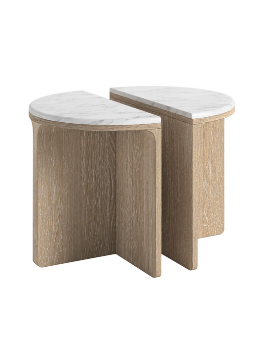 Portobello Half Moon Nest of Tables - Natural Oak w/ Travertine Top